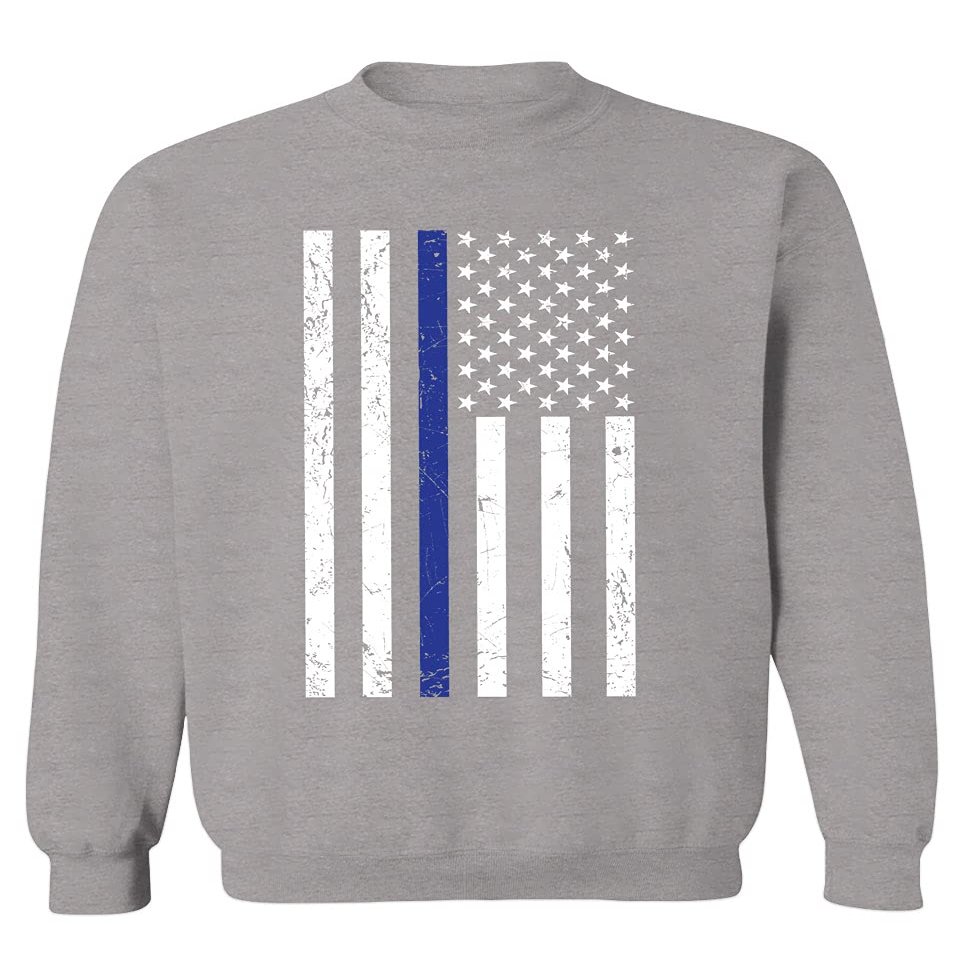 0075. Big Flag USA American Police Support Blue Lives Matter Thin Line Patriotic Style Men's Crewneck Sweatshirt (Light Gray Medium)