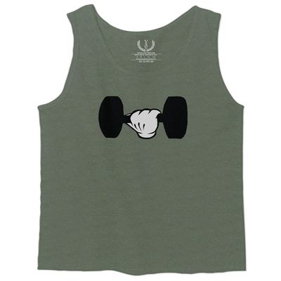 0079. Workout weigthLifting Fitness Cartoon Glove Dumbells Gym Lifting Lift Graphic Men's Fitted Tank Top (Olive, Small)