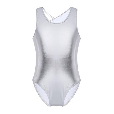 Freebily Sleeveless Dance Leotard for Girls Gymnastics Unitards Workout Training Biketards Athletic Bodysuit Tops Activewear Silver Open Back with Straps 7-8 Years