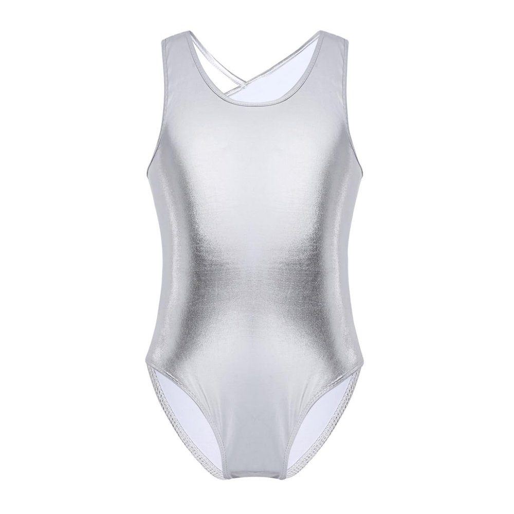 Freebily Sleeveless Dance Leotard for Girls Gymnastics Unitards Workout Training Biketards Athletic Bodysuit Tops Activewear Silver Open Back with Straps 7-8 Years