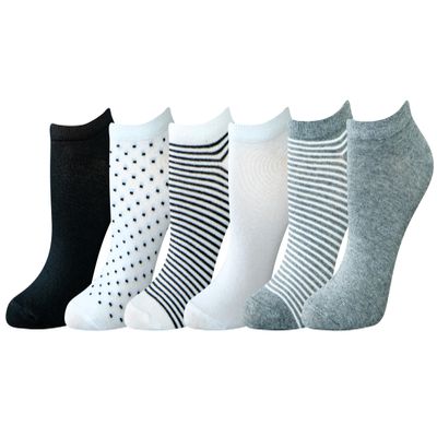 Amazon Essentials Women's Casual Low-Cut Ankle Socks, Lightweight, 6 Pairs, Black/Grey/White/Dots/Stripe, 6-9