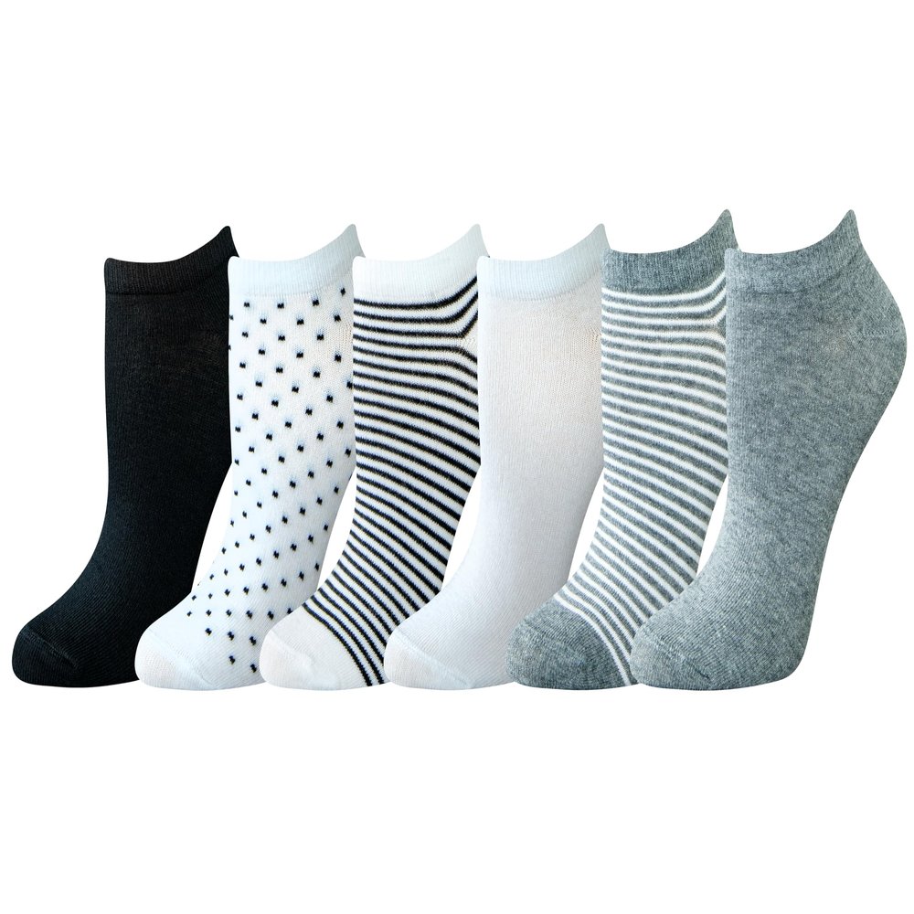 Amazon Essentials Women's Casual Low-Cut Ankle Socks, Lightweight, 6 Pairs, Black/Grey/White/Dots/Stripe, 6-9