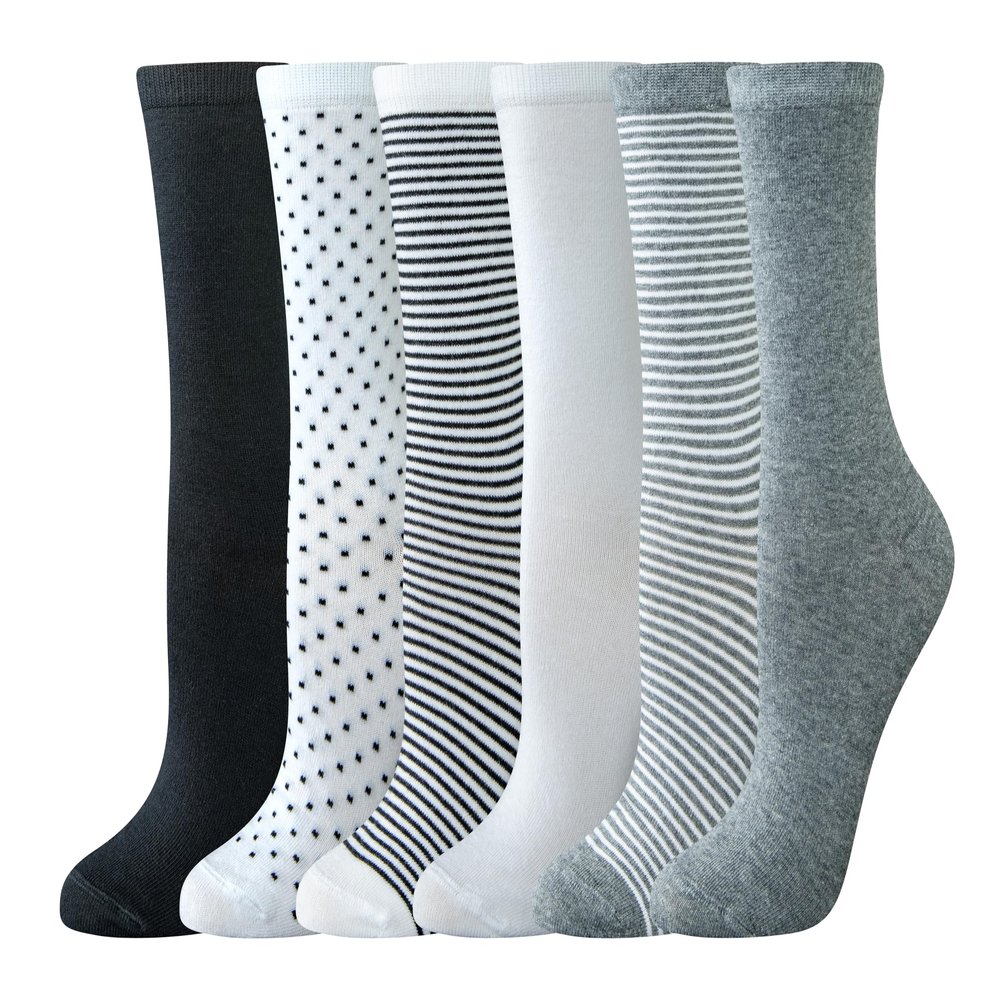 Amazon Essentials Women's Cotton Crew Socks, 6 Pairs, Multicolor/Dots/Solid/Thin Stripe, 6-9