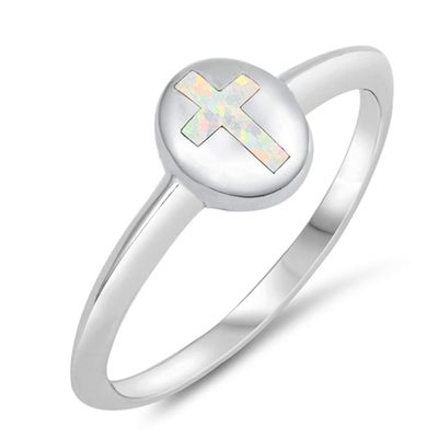 White Simulated Opal Christian Cross Purity Ring .925 Sterling Silver Band Size 5