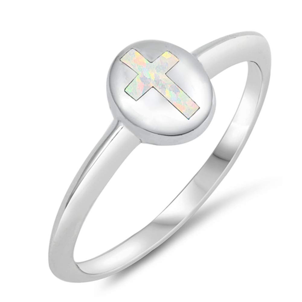 White Simulated Opal Christian Cross Purity Ring .925 Sterling Silver Band Size 5