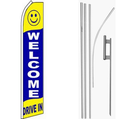 MWS Welcome Drive in Blue/Yellow/White Swooper Flag & 16' Flagpole Kit/Ground Spike