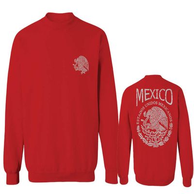 0081. Hecho En Mexico Mexican Flag Coat of Arms Escudo Mexicano 5 Mayo Men's Crewneck Sweatshirt (Red, Medium)