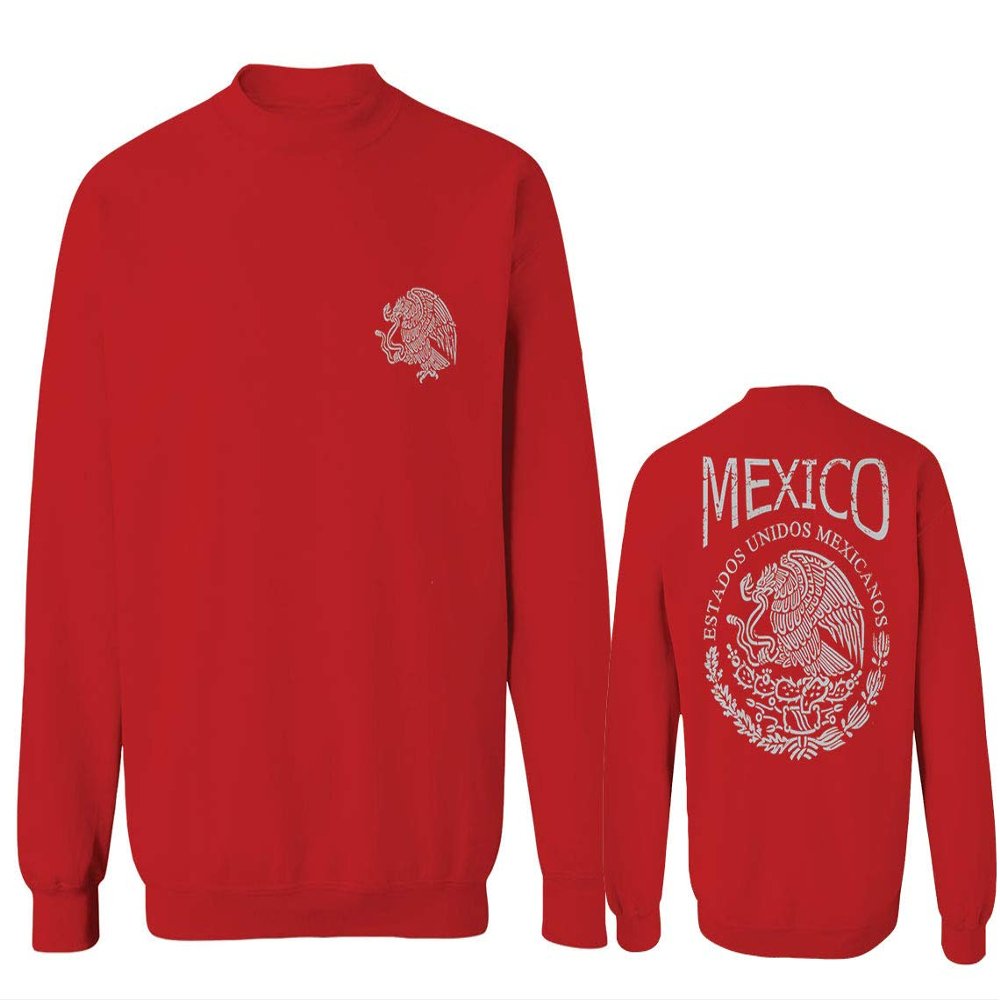 0081. Hecho En Mexico Mexican Flag Coat of Arms Escudo Mexicano 5 Mayo Men's Crewneck Sweatshirt (Red, Medium)