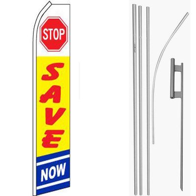 MWS Stop Save Now White/Yellow/Blue Swooper Flag & 16ft Flagpole Kit/Ground Spike