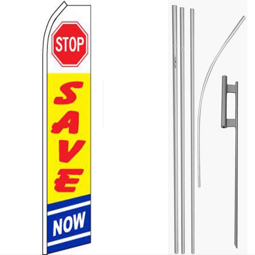 MWS Stop Save Now White/Yellow/Blue Swooper Flag & 16ft Flagpole Kit/Ground Spike