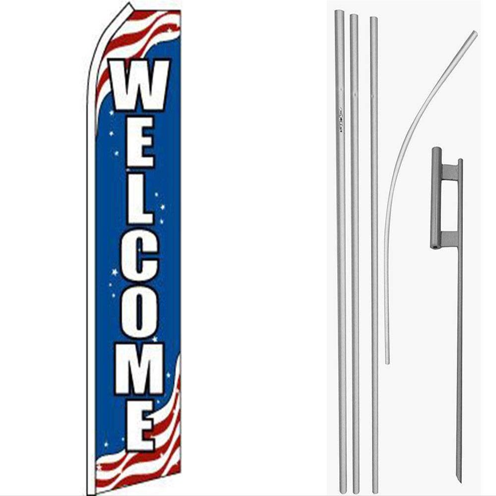MWS Welcome Patriotic Red/White/Blue Swooper Flag & 16ft Flagpole Kit/Ground Spike
