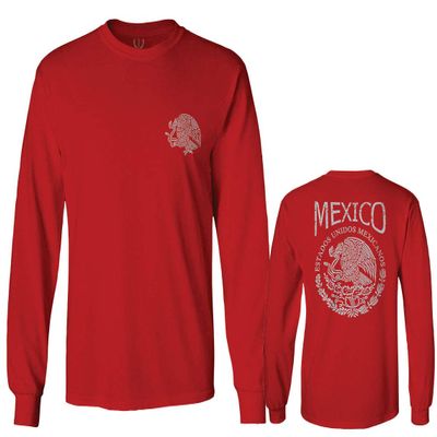 0081. Hecho En Mexico Mexican Flag Coat of Arms Escudo Mexicano 5 Mayo Men's Long Sleeve t Shirt (Red, 2X Large)