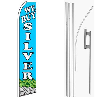 MWS We Buy Silver Blue/White Swooper Flag & 16' Flagpole Kit/Ground Spike
