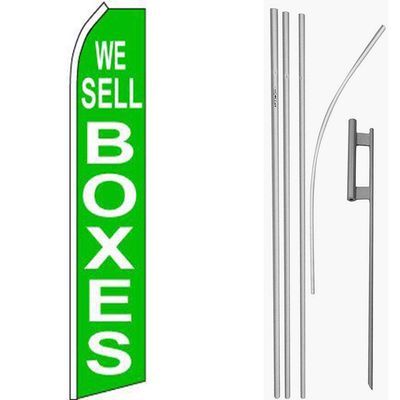MWS We Sell Boxes Green/White Swooper Flag & 16' Flagpole Kit/Ground Spike