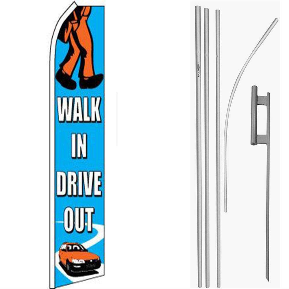 MWS Walk in Drive Out Blue/White/Orange Swooper Flag & 16' Flagpole Kit/Ground Spike