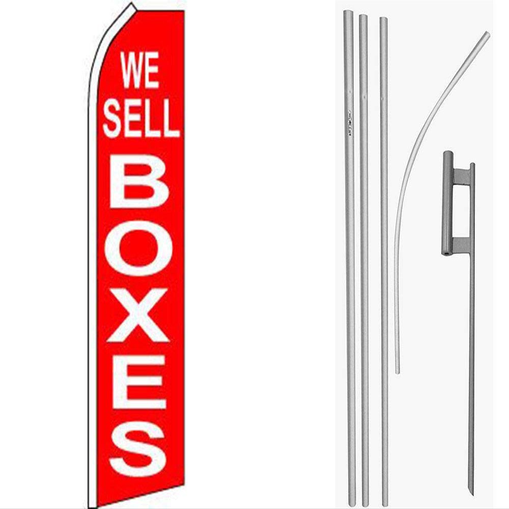 MWS We Sell Boxes Red/White Swooper Flag & 16ft Flagpole Kit/Ground Spike