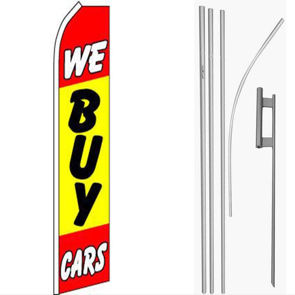 MWS We Buy Cars Red/Yellow / White Swooper Flag & 16ft Flagpole Kit/Ground Spike