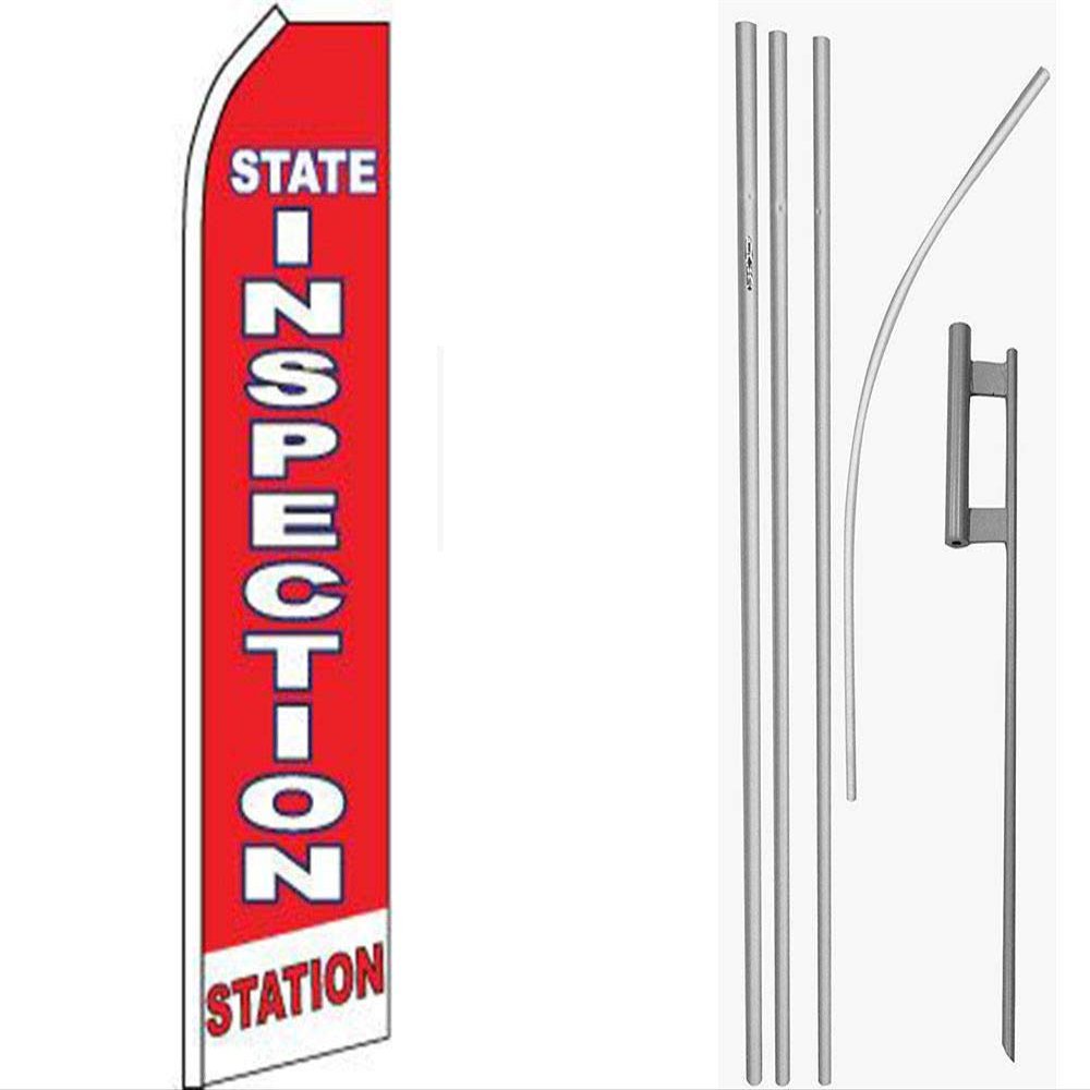 MWS State Inspection Station Red/White Swooper Flag & 16ft Flagpole Kit/Ground Spike