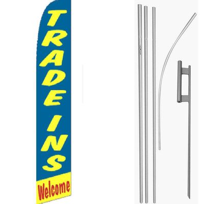 MWS Trade Ins Welcome Blue/Yellow/Red Swooper Flag & 16ft Flagpole Kit/Ground Spike