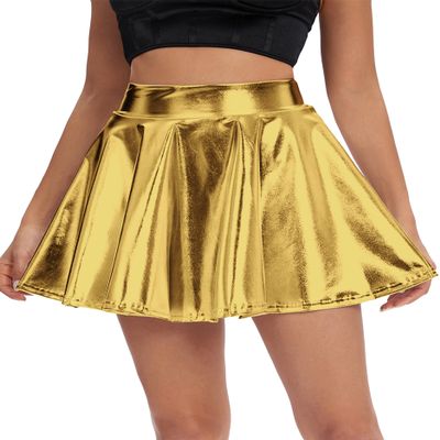 Urban CoCo Women's Shiny Flared Pleated Mini Skater Skirt (L, Gold)