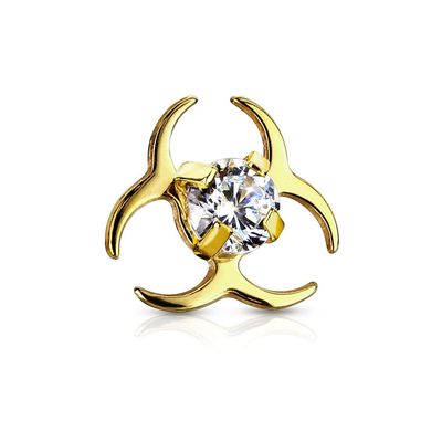 Covet Jewelry Clear CZ Centered Biohazard Symbol Internally Threaded 316L Surgical Steel Dermal Top (Gold/Clear)