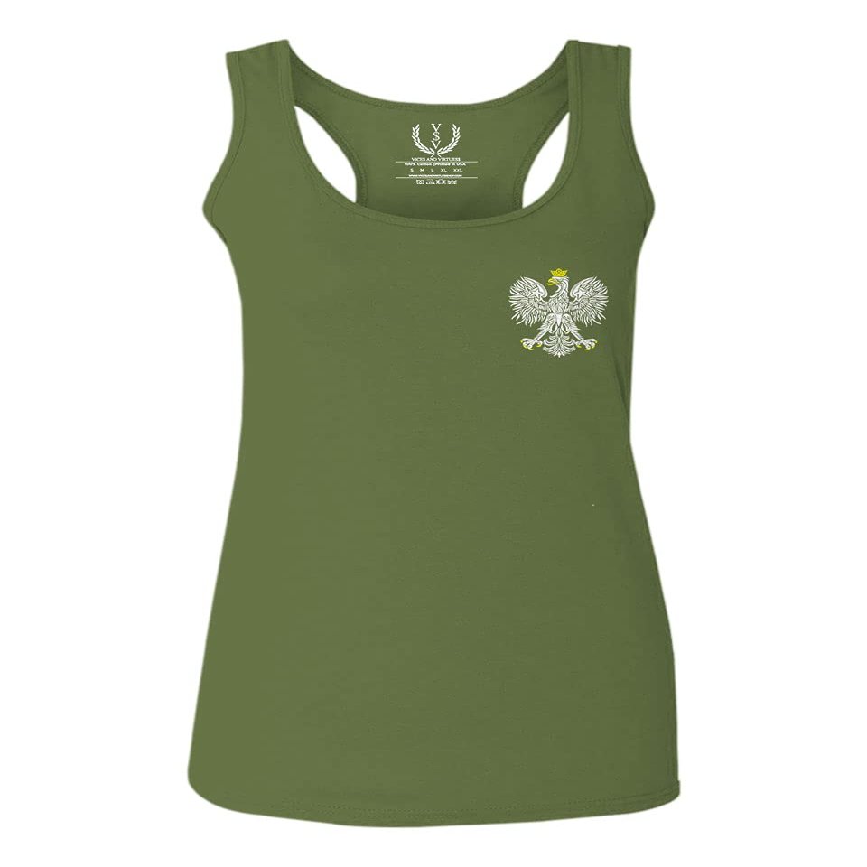 0083. Poland Pride Vintage Style Retro Polish Eagle Flag Polska Soccer Women's Tank Top Racerback (Olive, Large)