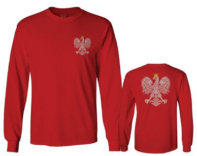 0083. Poland Pride Vintage Style Retro Polish Eagle Flag Polska Soccer Men's Long Sleeve t Shirt (Red, Large)