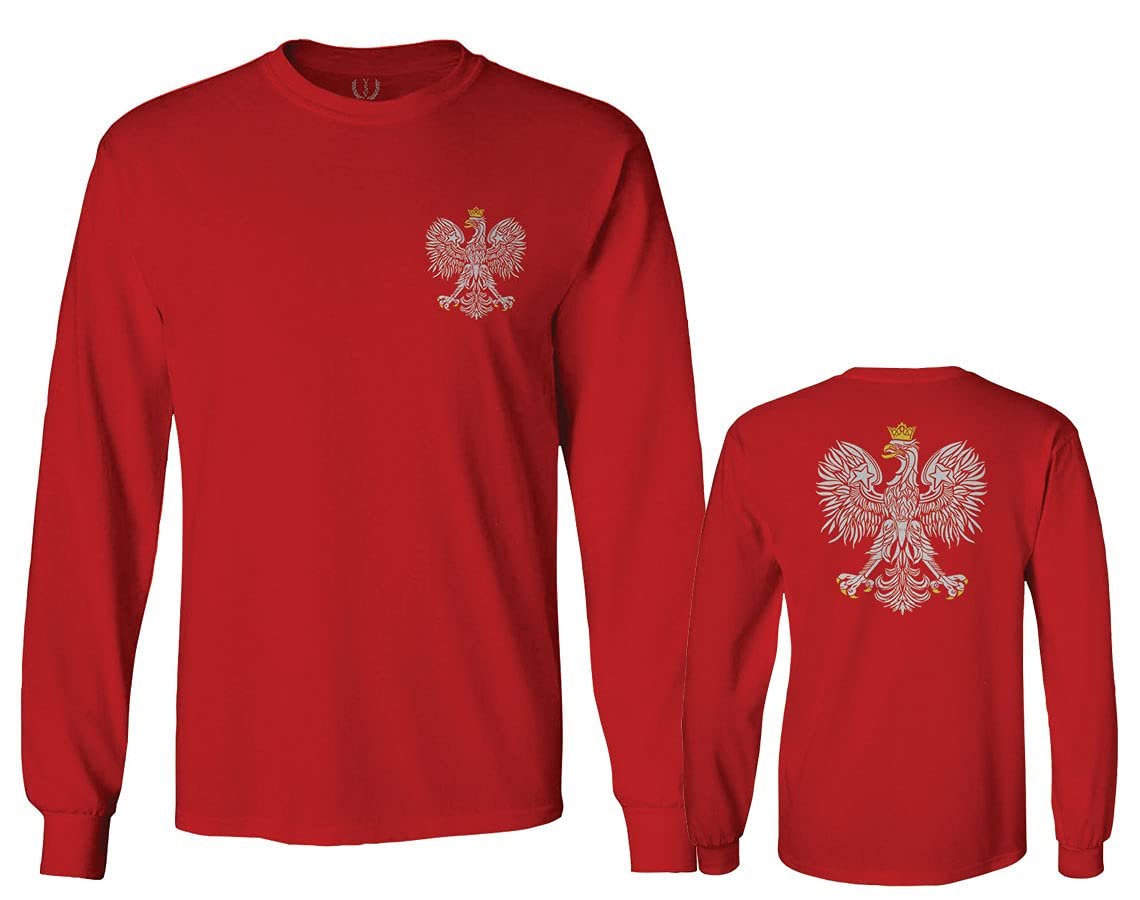 0083. Poland Pride Vintage Style Retro Polish Eagle Flag Polska Soccer Men's Long Sleeve t Shirt (Red, Large)