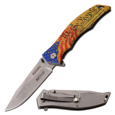 MTECH USA Xtreme  Spring Assisted Folding Knife  Stonewashed Finish Fine Edge Drop Point Blade, American Flag We The People Stainless Steel Handle, Frame Lock, EDC, Tactical  MX-A849FC, Yellow