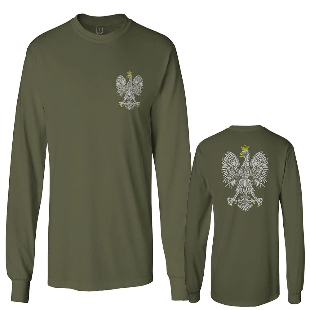 0083. Poland Pride Vintage Style Retro Polish Eagle Flag Polska Soccer Men's Long Sleeve t Shirt (Olive, Small)