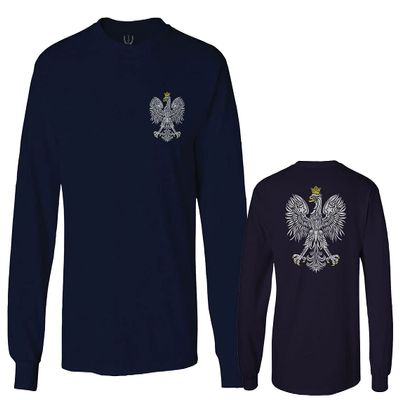 0083. Poland Pride Vintage Style Retro Polish Eagle Flag Polska Soccer Men's Long Sleeve t Shirt (Navy Blue, X-Large)