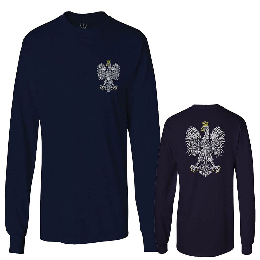 0083. Poland Pride Vintage Style Retro Polish Eagle Flag Polska Soccer Men's Long Sleeve t Shirt (Navy Blue, X-Large)