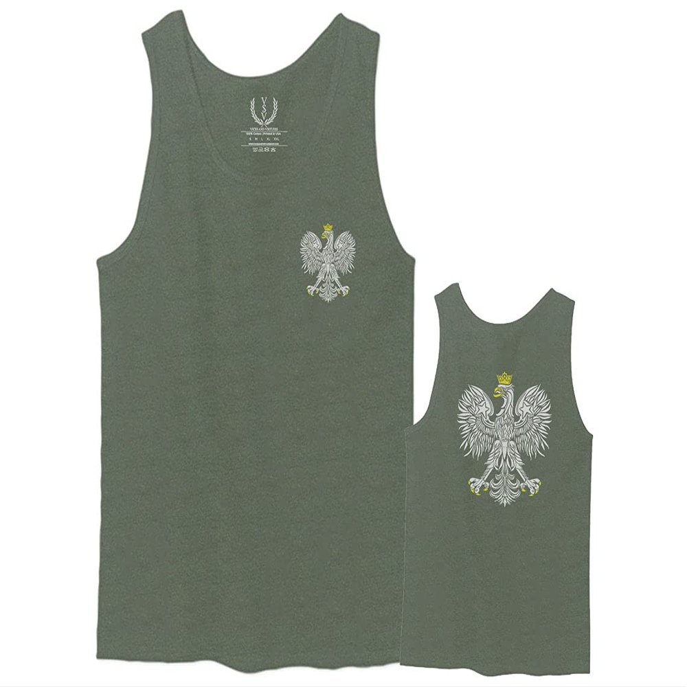0083. Poland Pride Vintage Style Retro Polish Eagle Flag Polska Soccer Men's Fitted Tank Top (Olive, Large)