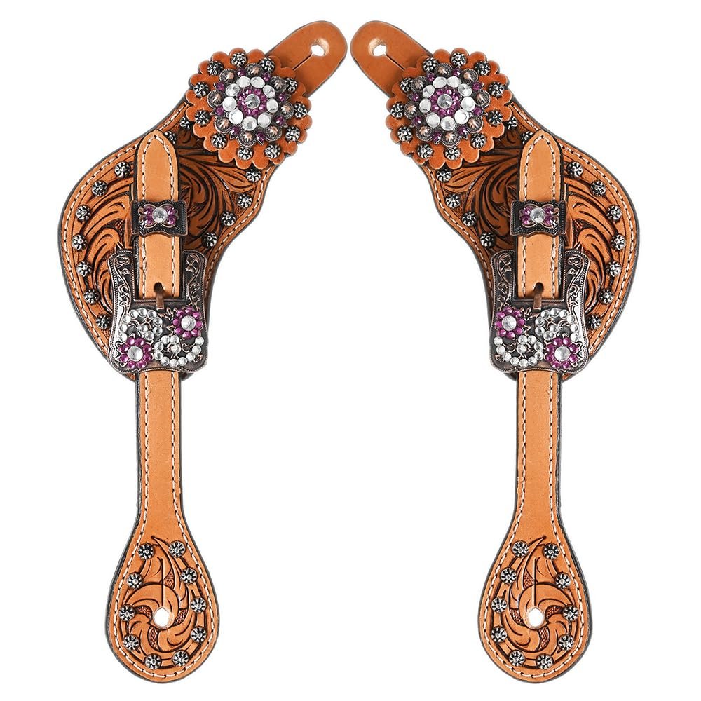 HILASON Brown Western Leather Spur Straps Floral Crystals Bling Conchos | for Women and Men