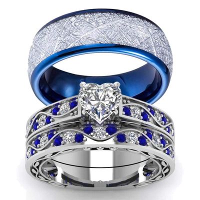 His Hers Wedding Ring Sets Couples Matching Rings Women's 10k White Gold Filled Heart CZ Wedding Engagement Ring Bridal Sets & Men's Tungsten Carbide Wedding Band