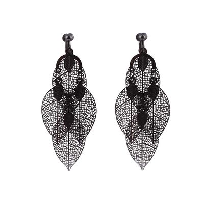 GRACE JUN Copper Material Multi-layer Leaf Shape Clip on Earrings No Pierced for Women Not Allergy (728 Gun black clip on)