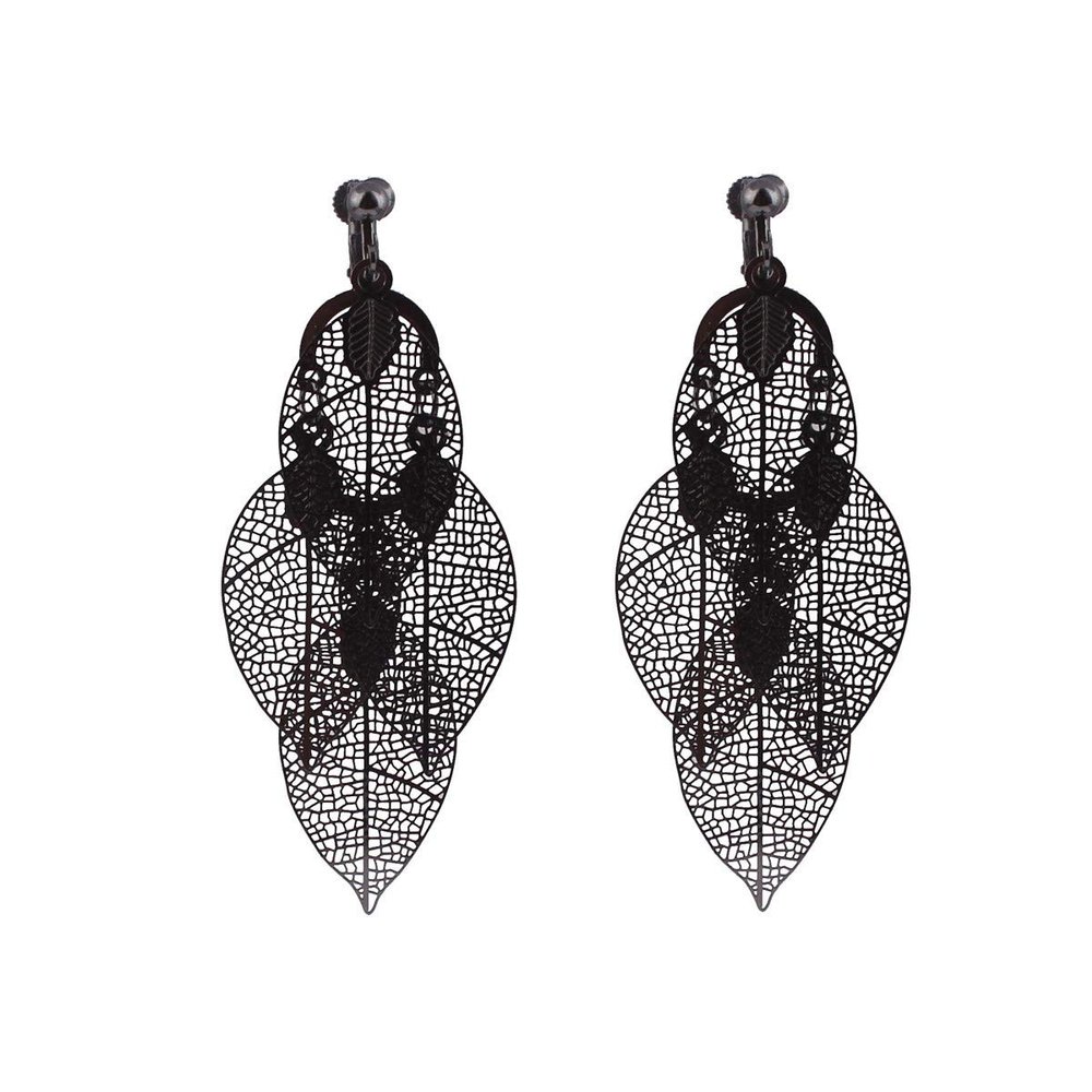 GRACE JUN Copper Material Multi-layer Leaf Shape Clip on Earrings No Pierced for Women Not Allergy (728 Gun black clip on)