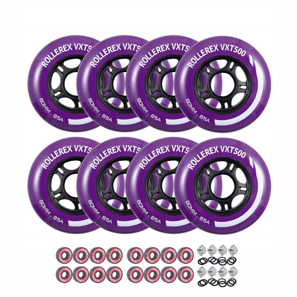 Rollerex VXT500 Inline Skate Wheels  8-Pack with Bearings, Spacers and Washers - Durable Replacement Roller Blade Wheels for Indoor & Outdoor Skating (80mm, Royal Purple)