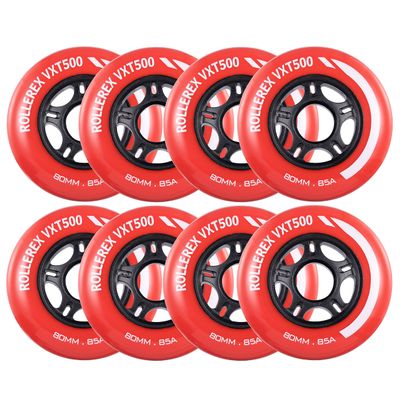 Rollerex VXT500 Inline Skate Wheels 8-Pack - 85A Durable Roller Blade Wheels for Indoor & Outdoor Skating - Fits Standard 608 Bearings (Rocket Red, 72mm)