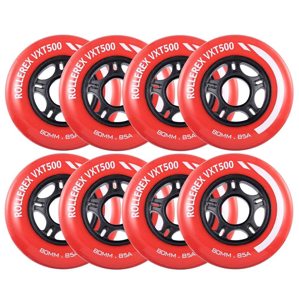 Rollerex VXT500 Inline Skate Wheels 8-Pack - 85A Durable Roller Blade Wheels for Indoor & Outdoor Skating - Fits Standard 608 Bearings (Rocket Red, 72mm)