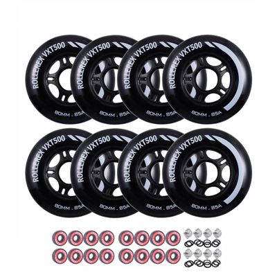 Rollerex VXT500 Inline Skate Wheels 8-Pack with Bearings, Spacers and Washers - Durable Replacement Roller Blade Wheels for Indoor & Outdoor Skating (72mm, Steel Black)