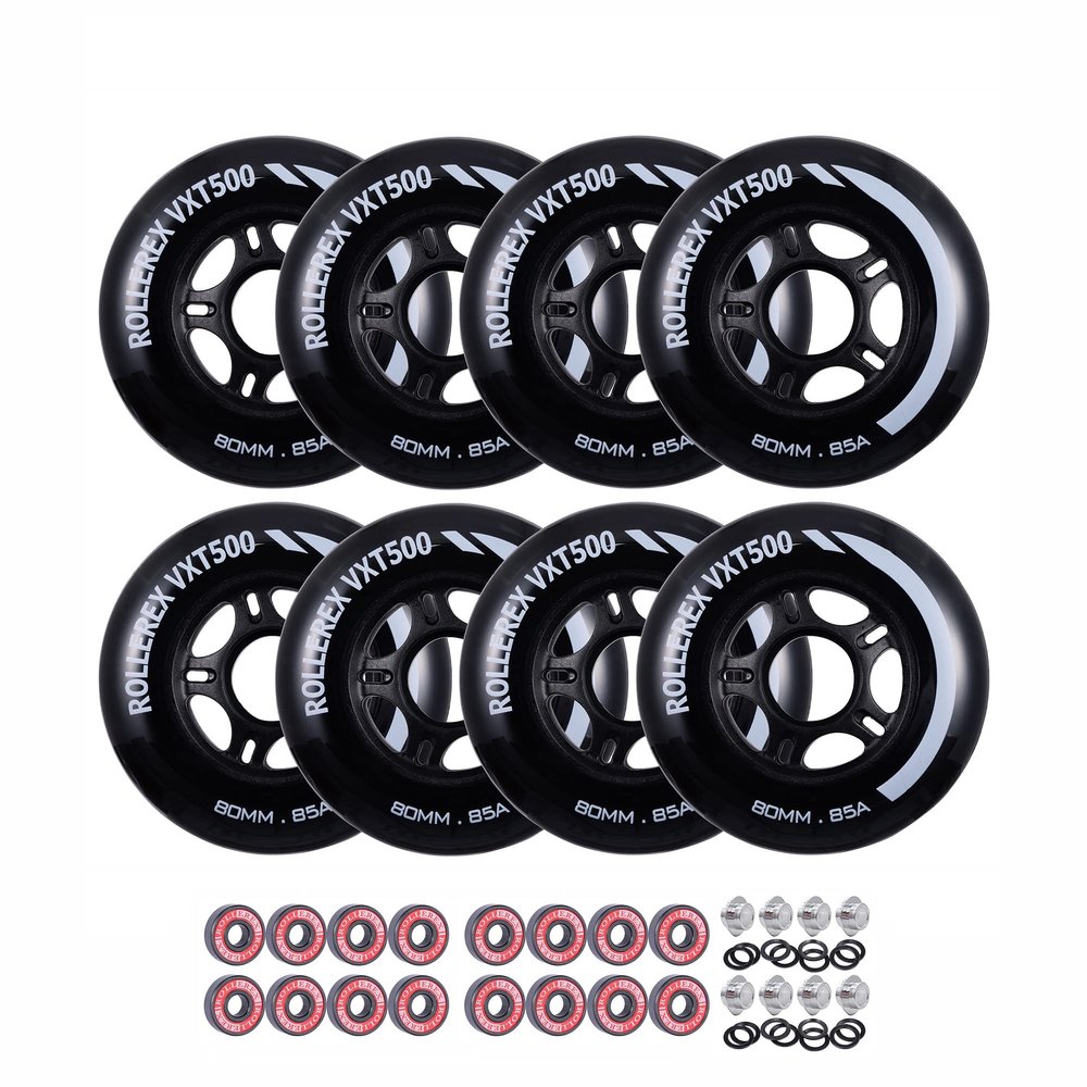 Rollerex VXT500 Inline Skate Wheels 8-Pack with Bearings, Spacers and Washers - Durable Replacement Roller Blade Wheels for Indoor & Outdoor Skating (72mm, Steel Black)