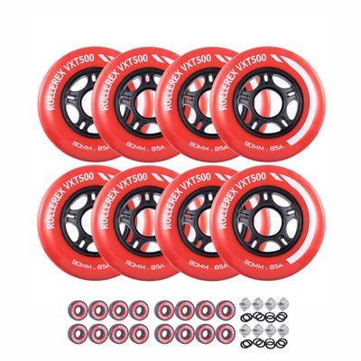 Rollerex VXT500 Inline Skate Wheels  8-Pack with Bearings, Spacers and Washers - Durable Replacement Roller Blade Wheels for Indoor & Outdoor Skating (80mm, Rocket Red)