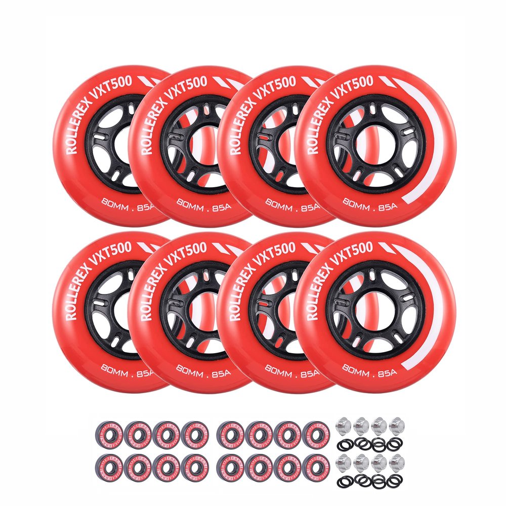 Rollerex VXT500 Inline Skate Wheels 8-Pack with Bearings, Spacers and Washers - Durable Replacement Roller Blade Wheels for Indoor & Outdoor Skating (72mm, Rocket Red)