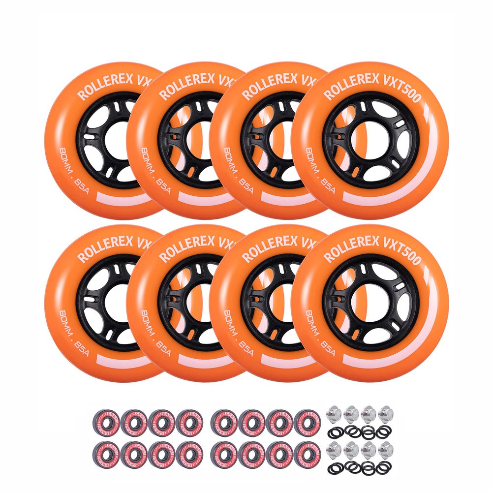 Rollerex VXT500 Inline Skate Wheels 8-Pack with Bearings, Spacers and Washers - Durable Replacement Roller Blade Wheels for Indoor & Outdoor Skating (Sunrise Orange, 72mm)