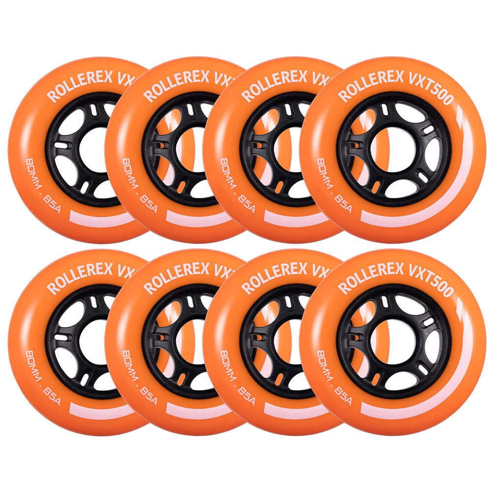 Rollerex VXT500 Inline Skate Wheels 8-Pack - 85A Durable Roller Blade Wheels for Indoor & Outdoor Skating - Fits Standard 608 Bearings (Sunrise Orange, 72mm)