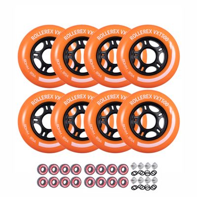 Rollerex VXT500 Inline Skate Wheels  8-Pack with Bearings, Spacers and Washers - Durable Replacement Roller Blade Wheels for Indoor & Outdoor Skating (80mm, Sunrise Orange)