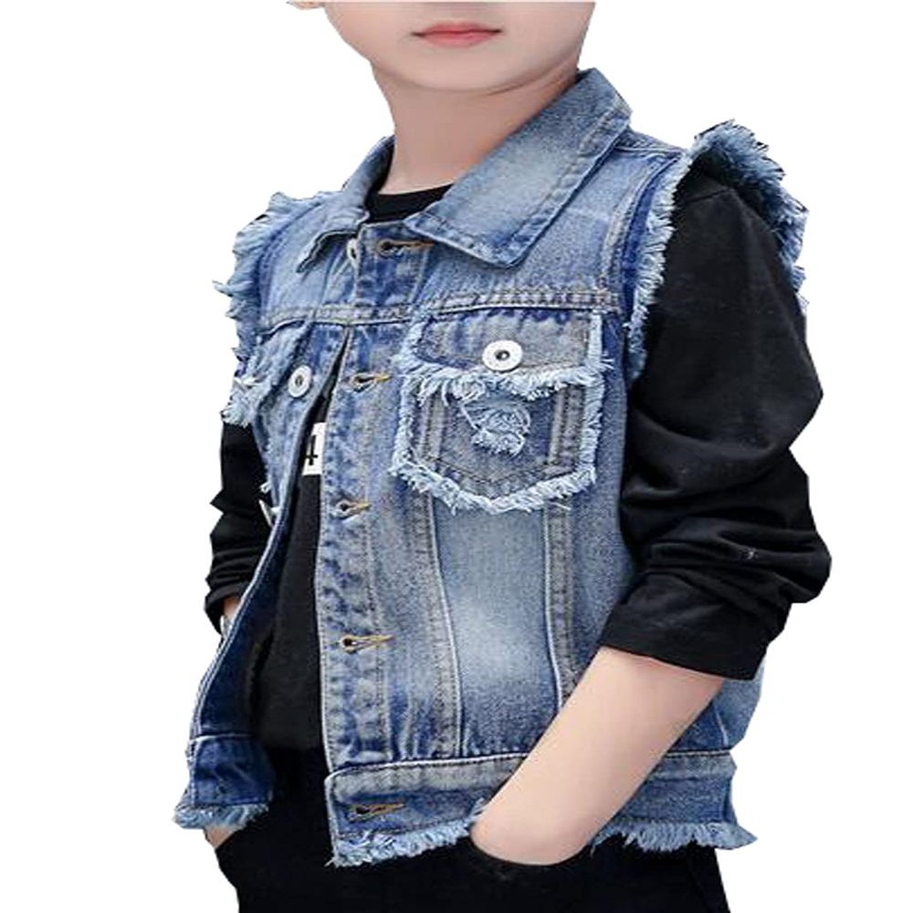MYtodo Boy's Solid color Denim Vest Kids Casual Sleeveless Jean Jacket (12-13Years)