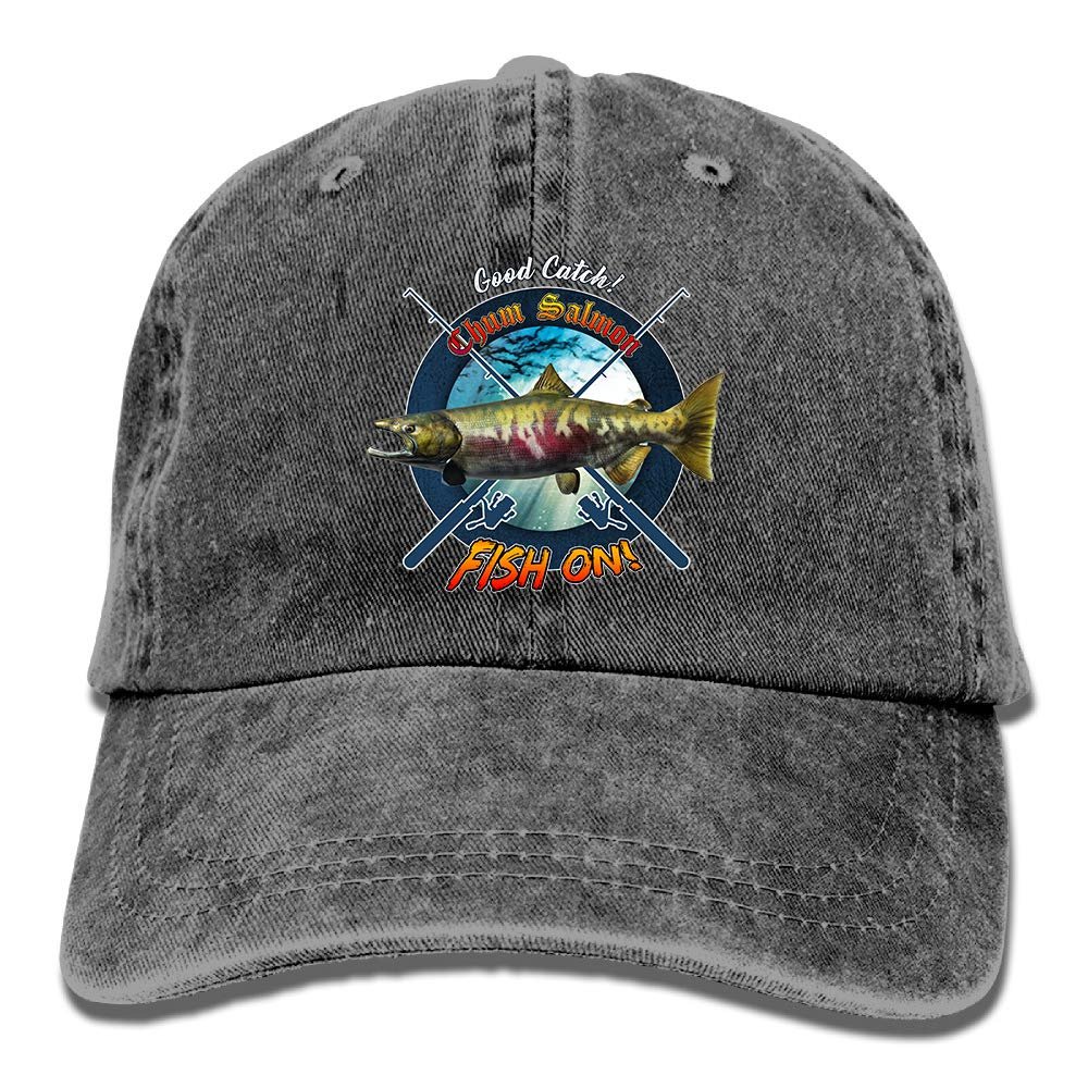Adult Fishing Baseball Dad Hat Printed Chum Salmon Fish Design Black