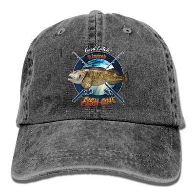 Adult Fishing Baseball Dad Hat Printed Lingcod Fish Design Black